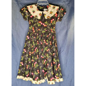 Mousefeathers Dress Girls 6X 90' VTG Black Cherries CottageCore Tie Waist Modest